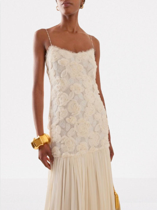 3D Floral Applique Long White Pleated Dress - Dresses