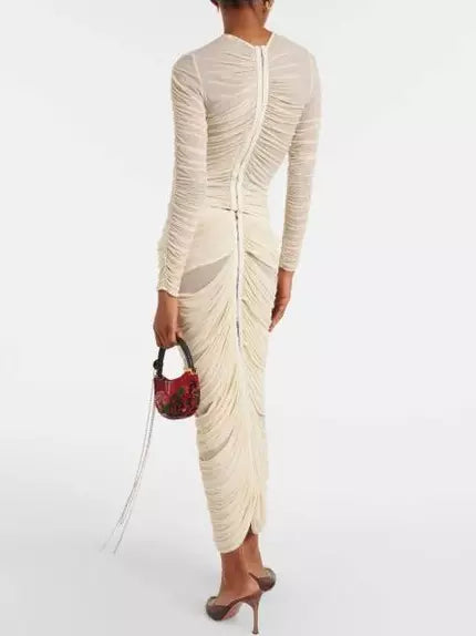 Beige ruched long-sleeve dress from Branna Couture floral-applique skirt set