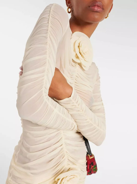 Ruched long-sleeved dress with floral embellishment in Branna Couture skirt set