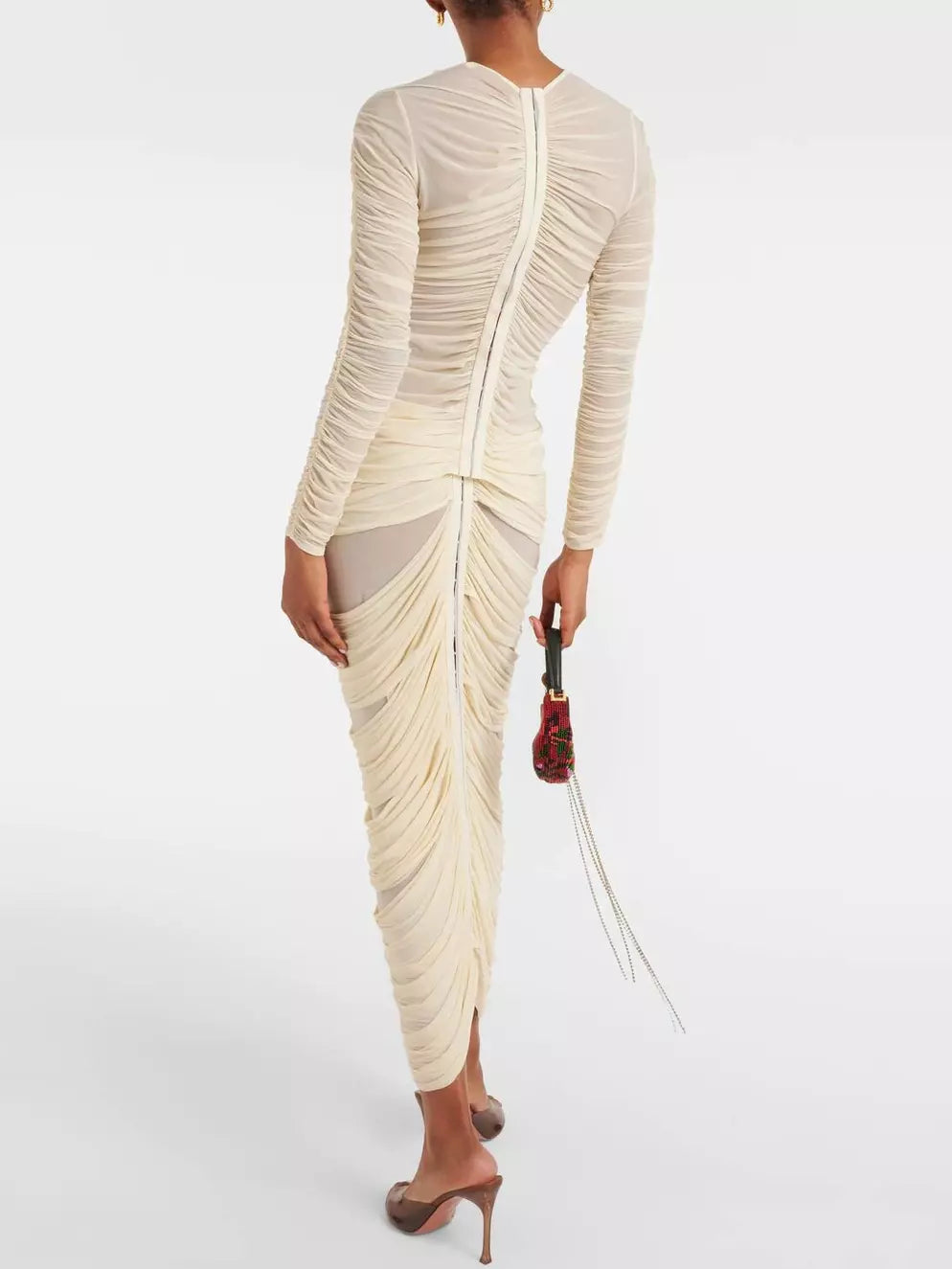 Cream-colored floral-applique ruched long-sleeve dress from Branna Couture skirt set