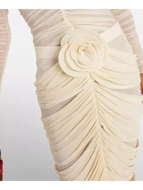 Cream-colored floral-applique ruched dress from Branna Couture skirt set collection