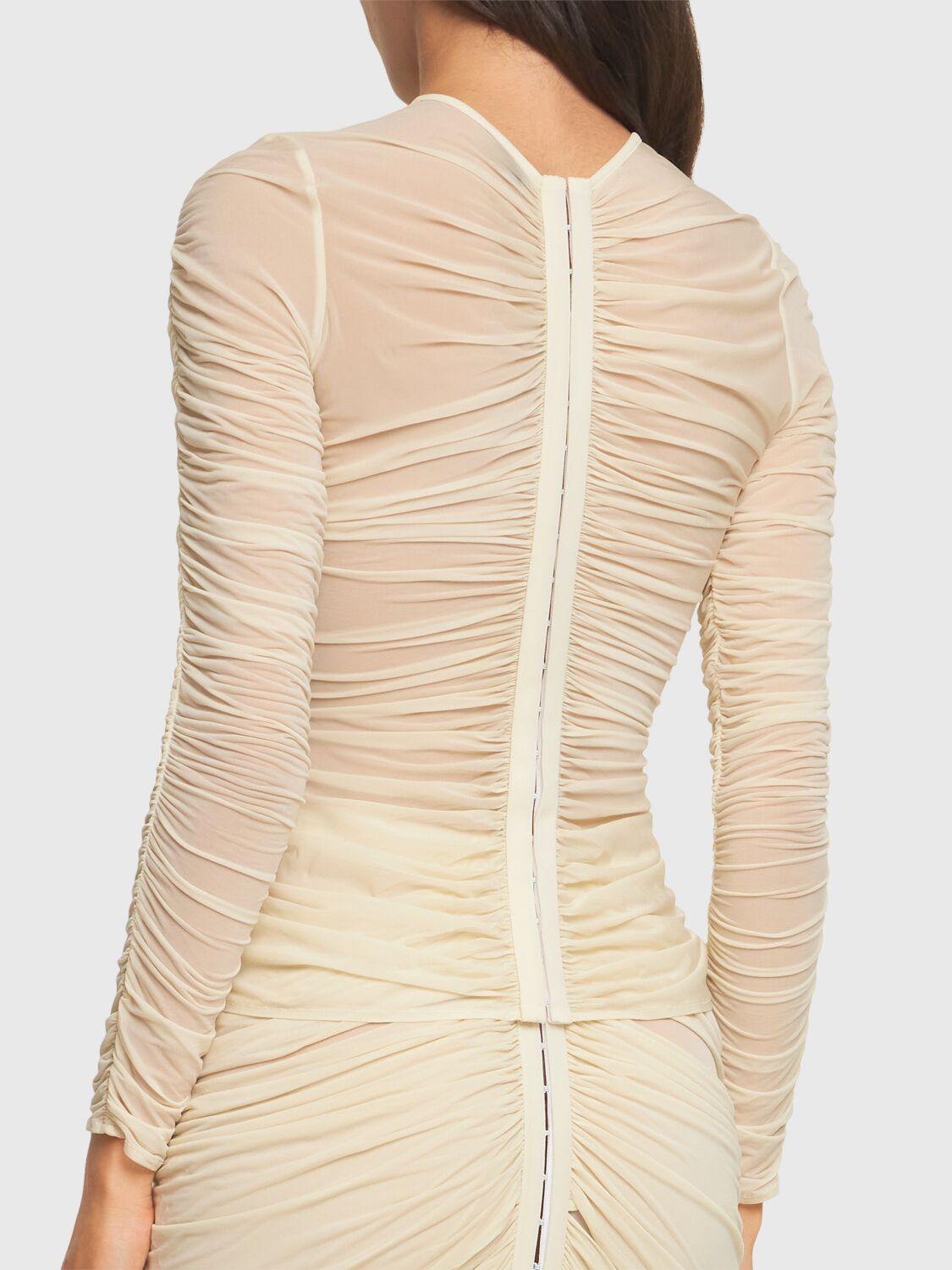 Cream-colored floral-applique ruched Skirt Set by Branna Couture, elegant and stylish