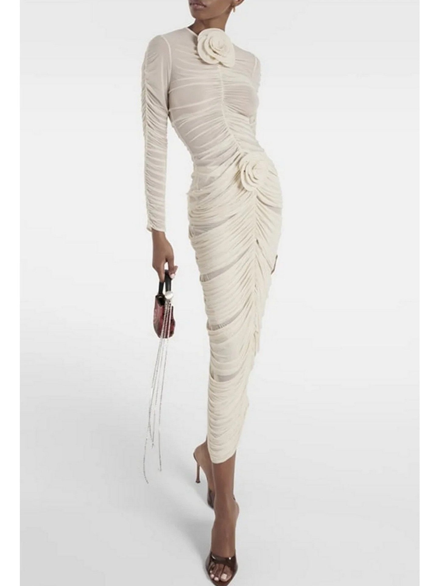 Ruched long-sleeved dress with floral-applique, part of the Branna Couture skirt set