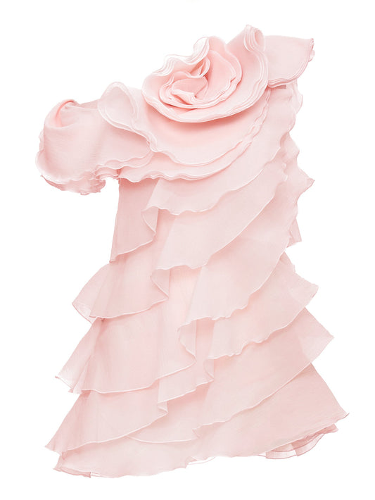 3D Floral Applique Ruffled Mini Dress in Pink - Dresses