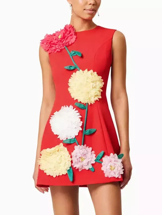 3D Floral Appliqued A-Line Mini Dress - Dresses
