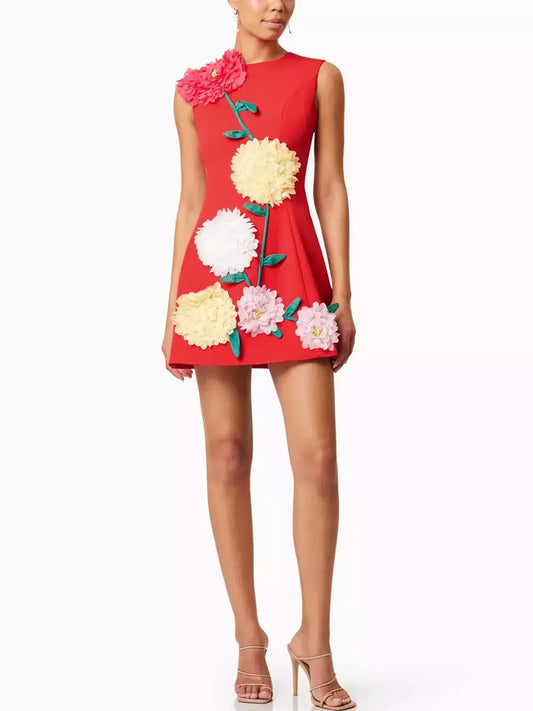 3D Floral Appliqued A-Line Mini Dress - Dresses