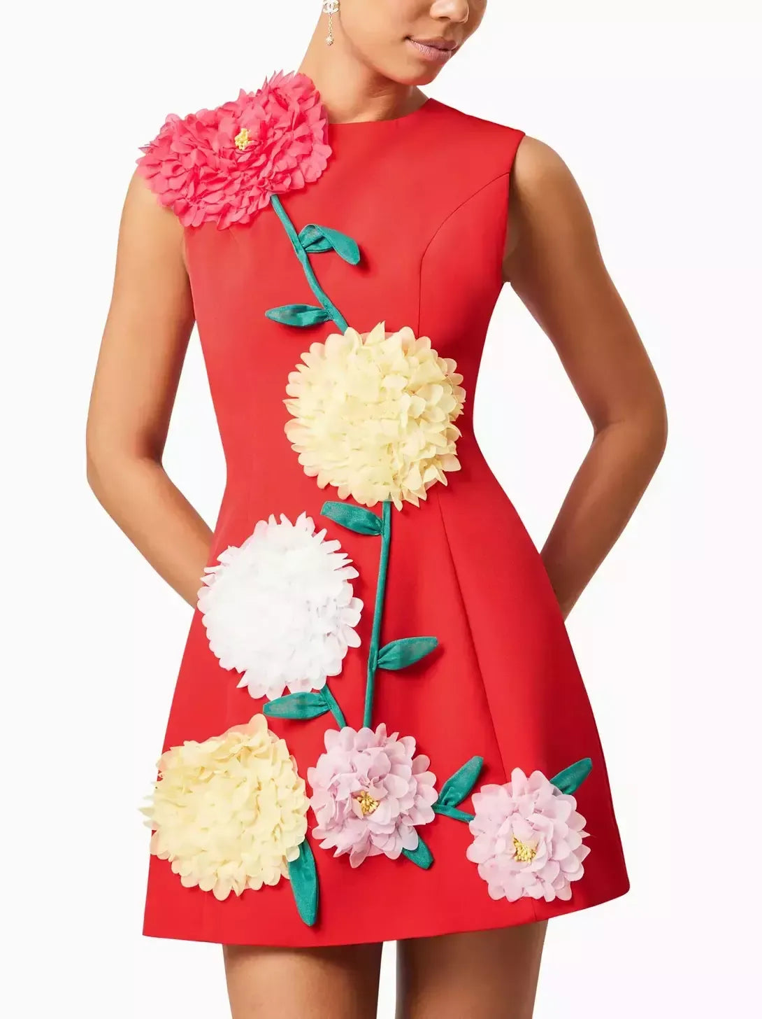 3D Floral Appliqued A-Line Mini Dress - S / Red - Dresses