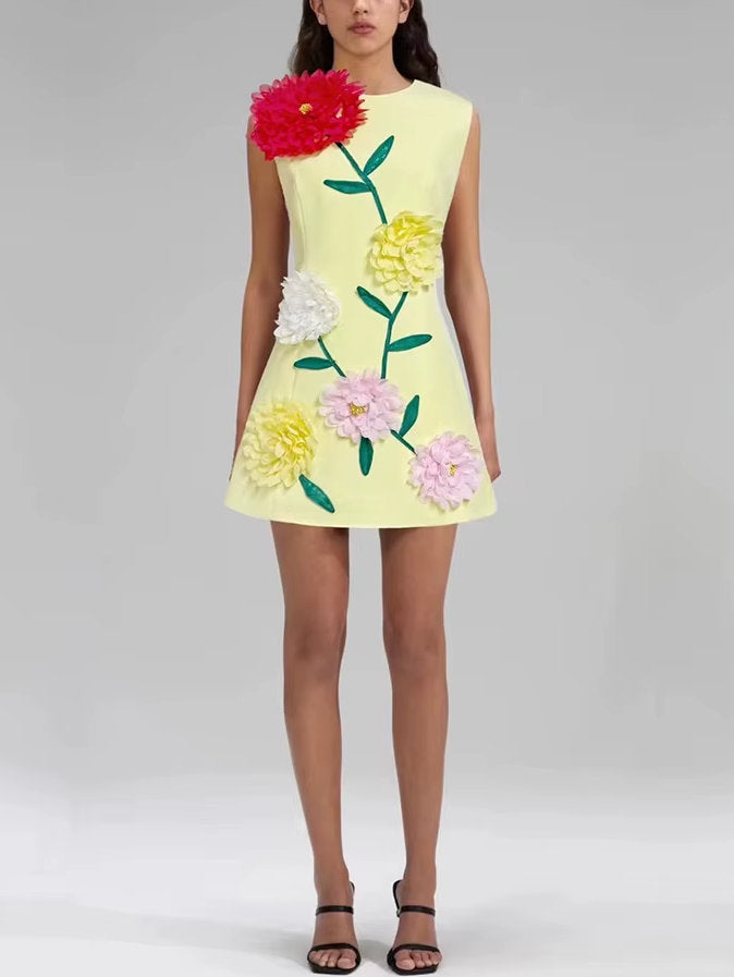 3D Floral Appliqued A-Line Mini Dress - S / Yellow - Dresses