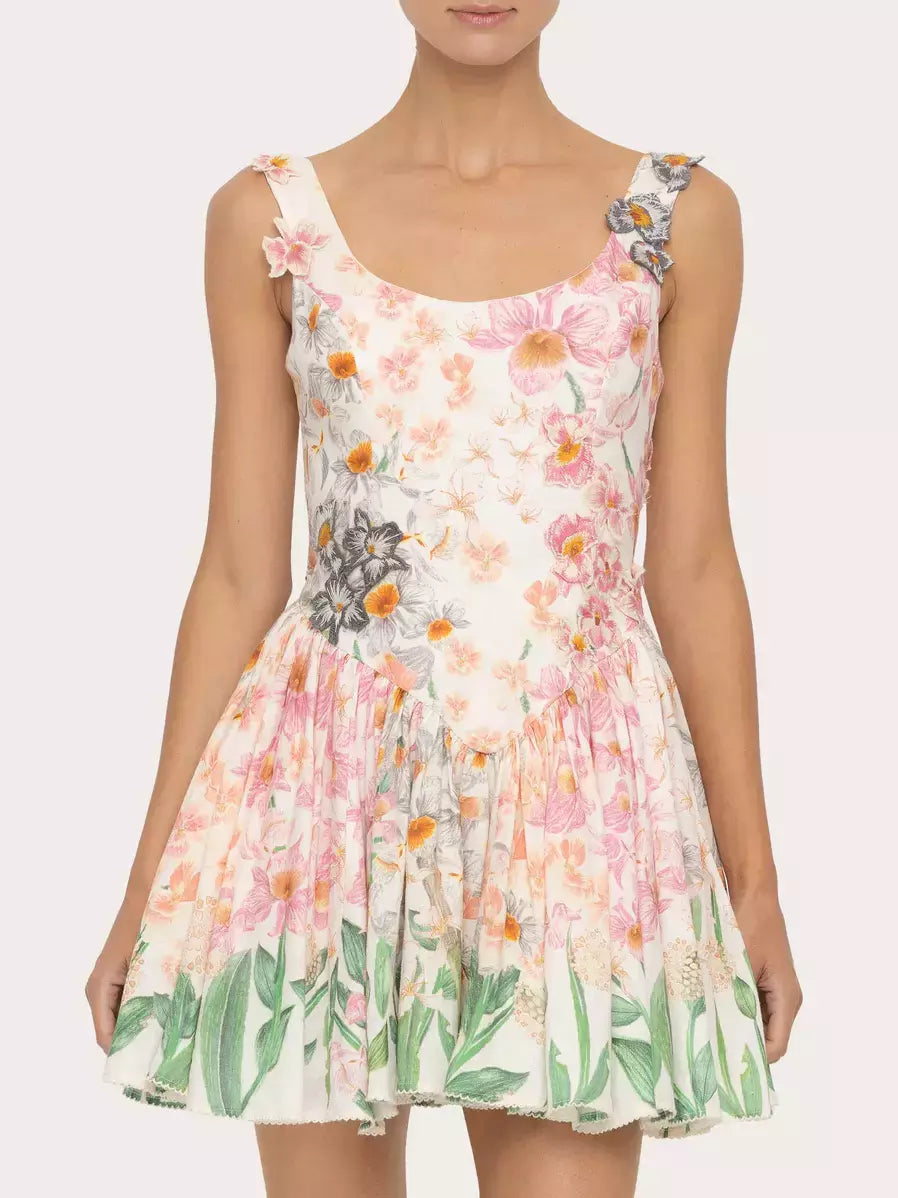 3D Floral-Appliqued Fit and Flare Mini Dress with a vibrant floral print design