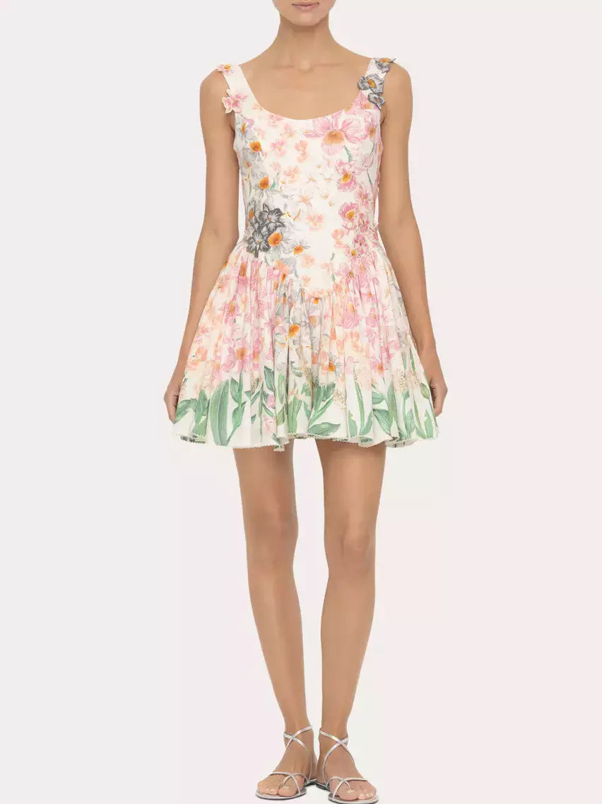 3D Floral-Appliqued Fit and Flare Mini Dress with vibrant floral print design
