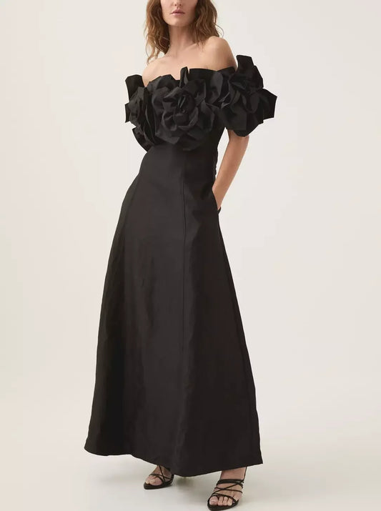 Elegant Black Floral-Appliques Off-Shoulder Gown with Romantic Floral Bodice