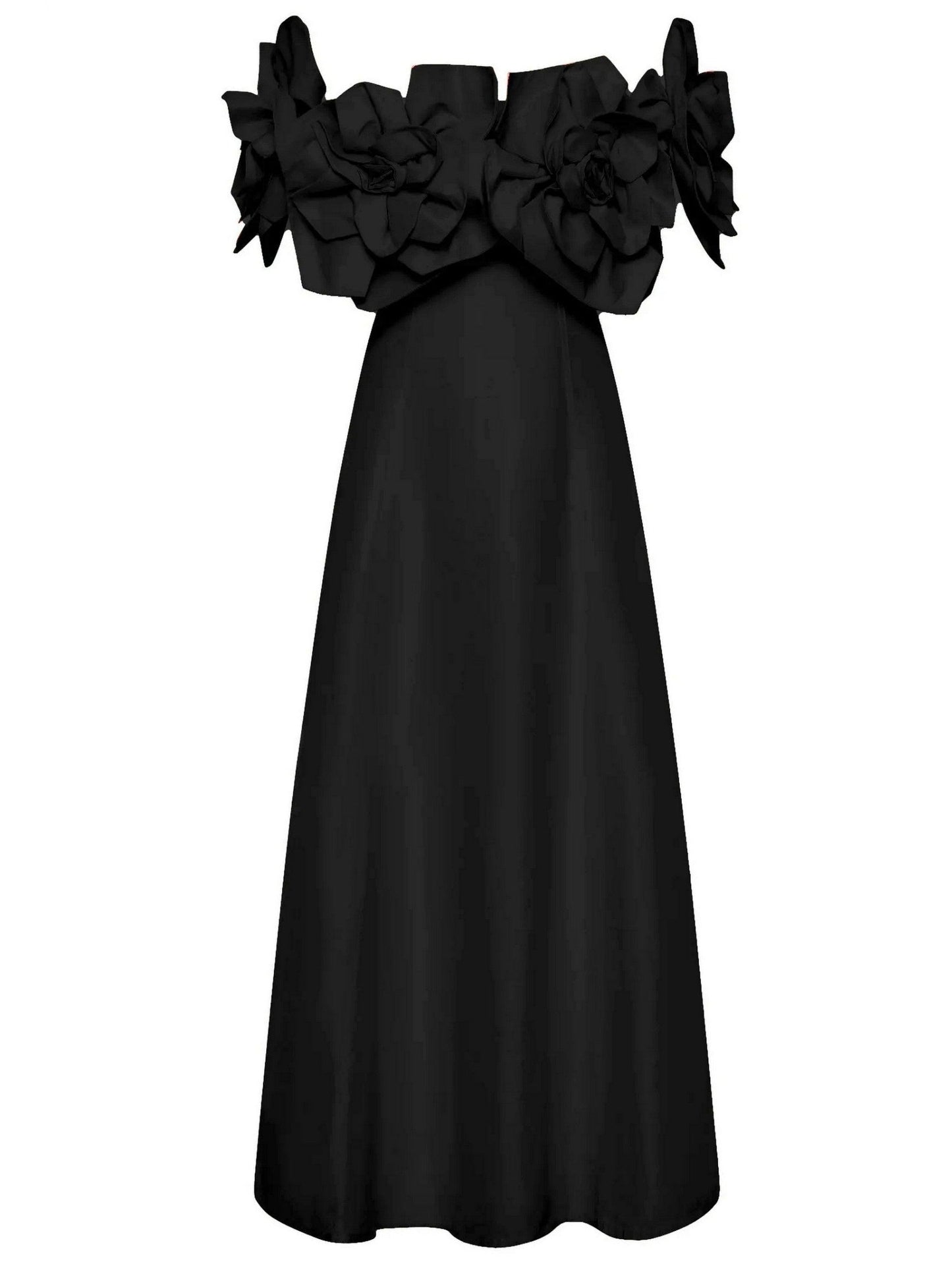 Black off-shoulder gown with floral bodice in 3D Floral-Appliques Off-Shoulder Gown