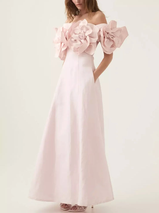 Off-the-shoulder gown with floral-appliques in light pink for elegant occasions
