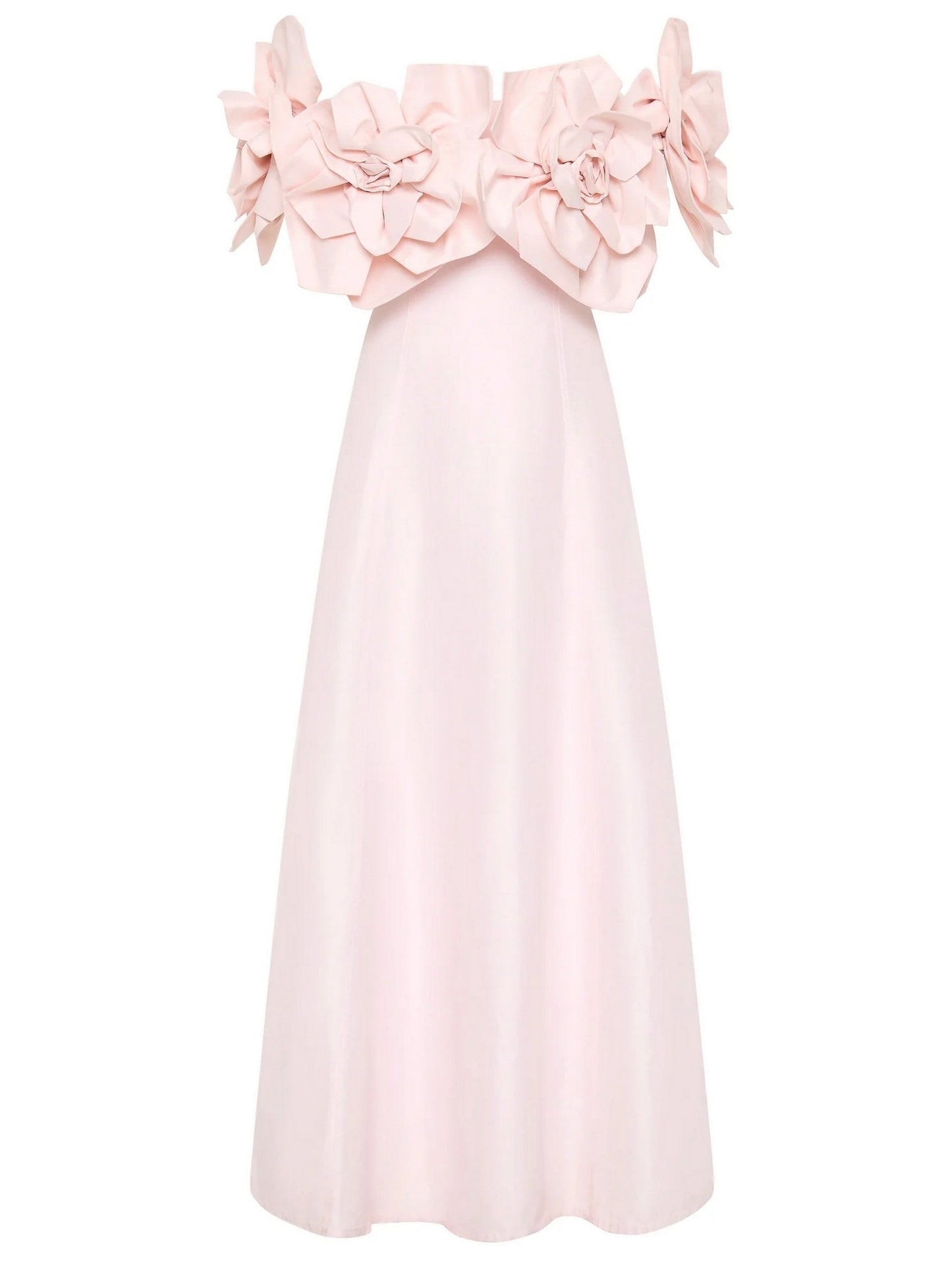 Off-the-shoulder pink floral-appliques gown featuring delicate 3D floral details