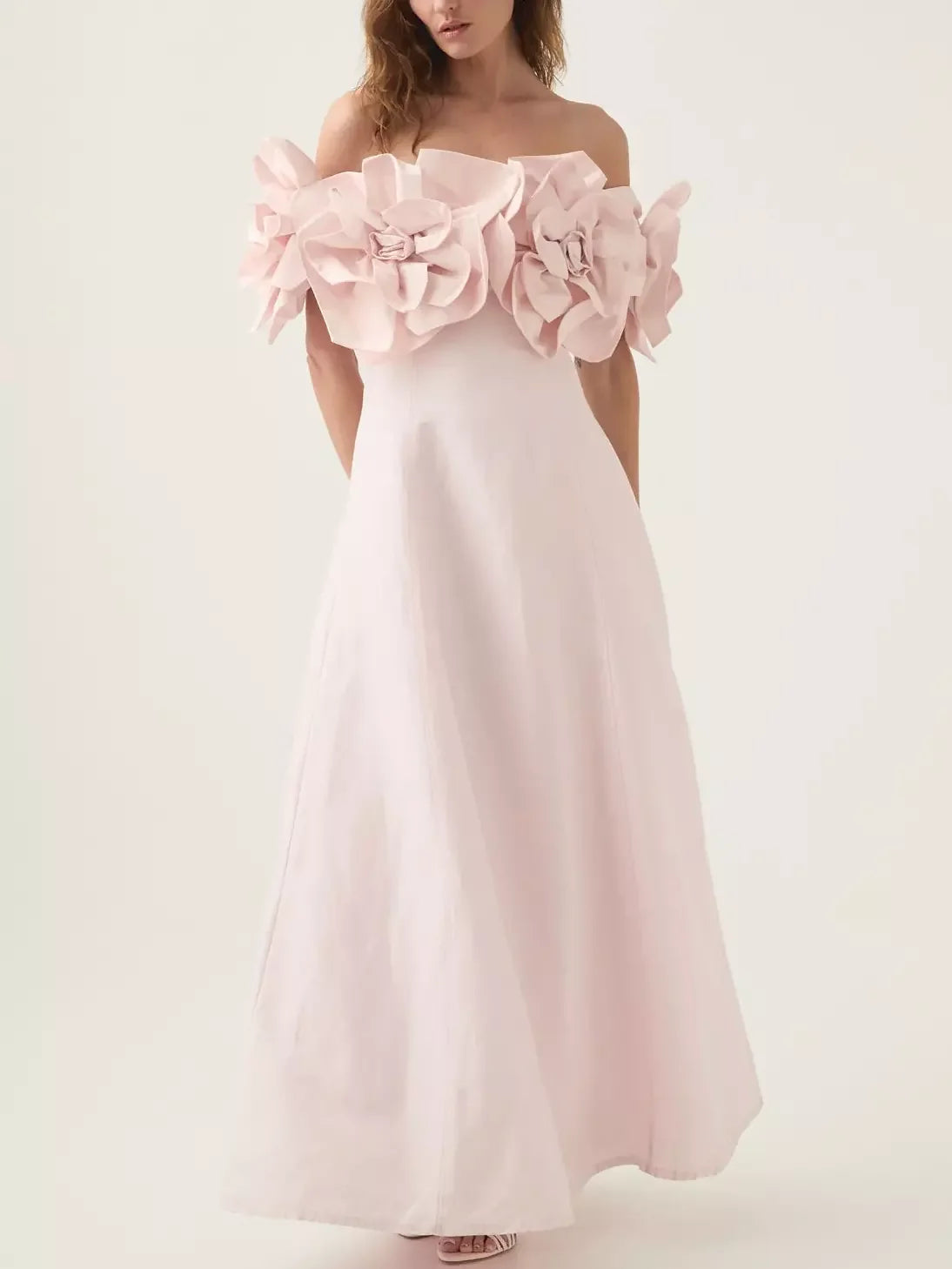 Off-the-shoulder pink floral-appliques gown showcasing elegant floral details