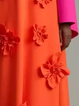 Orange 3D Floral Color-Contrast V-Neck Flared-Sleeve Gown with floral appliqués