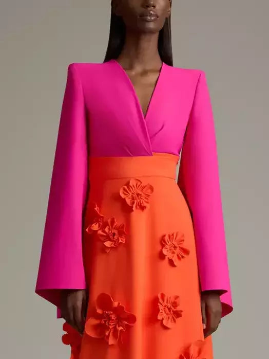 Bright pink and orange floral color-contrast V-neck flared-sleeve gown design