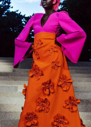 3D Floral Color-Contrast V-Neck Flared-Sleeve Gown in pink and orange with floral embellishments