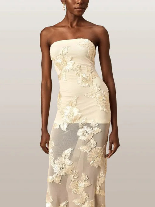 3D Floral-Embroidered Maxi Dress in Mesh - Dresses