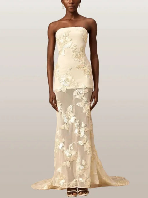 3D Floral-Embroidered Maxi Dress in Mesh - Dresses