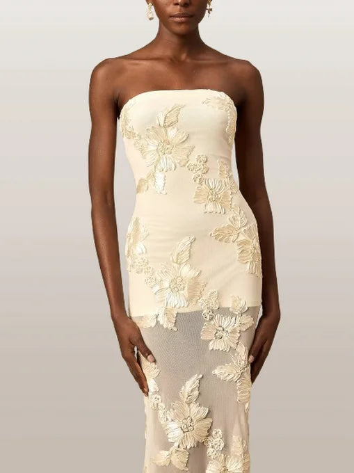 3D Floral-Embroidered Maxi Dress in Mesh - Dresses