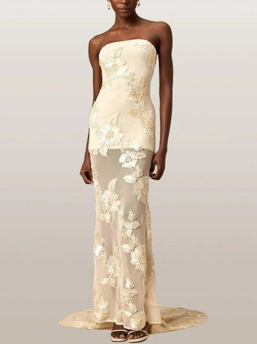 3D Floral-Embroidered Maxi Dress in Mesh - Dresses