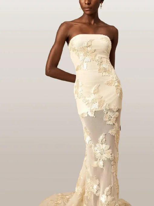 3D Floral-Embroidered Maxi Dress in Mesh - Dresses