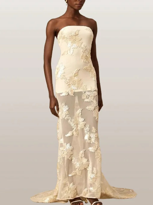 3D Floral-Embroidered Maxi Dress in Mesh - Dresses