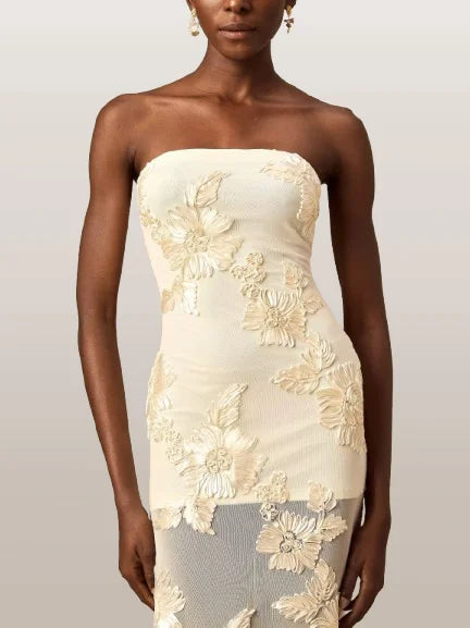 3D Floral-Embroidered Maxi Dress in Mesh - Dresses