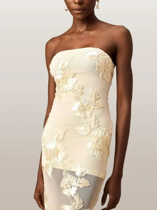 3D Floral-Embroidered Maxi Dress in Mesh - Dresses