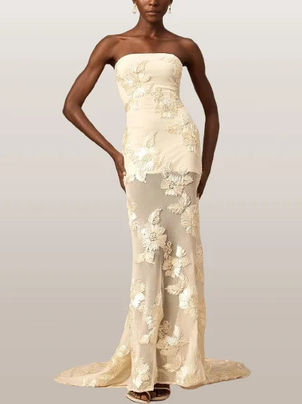 3D Floral-Embroidered Maxi Dress in Mesh - Small - Dresses
