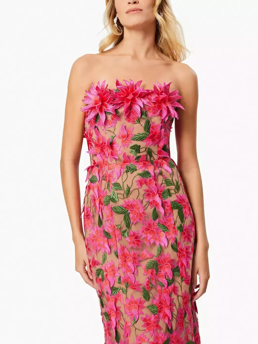 3D Floral Embroidered Strapless Midi Dress - Dresses