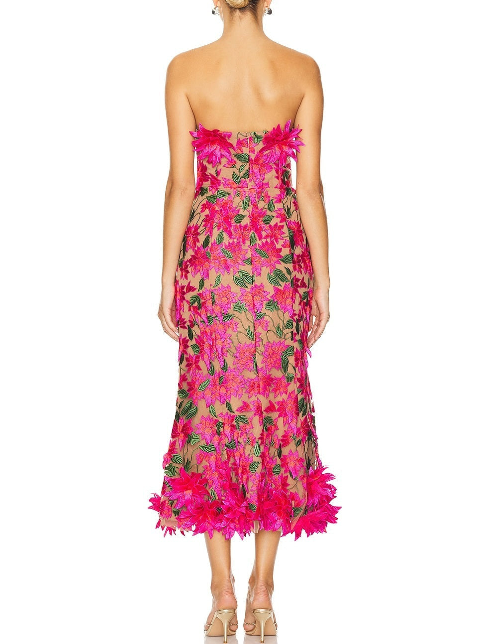 3D Floral Embroidered Strapless Midi Dress - Dresses