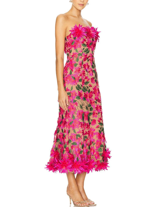 3D Floral Embroidered Strapless Midi Dress - Dresses