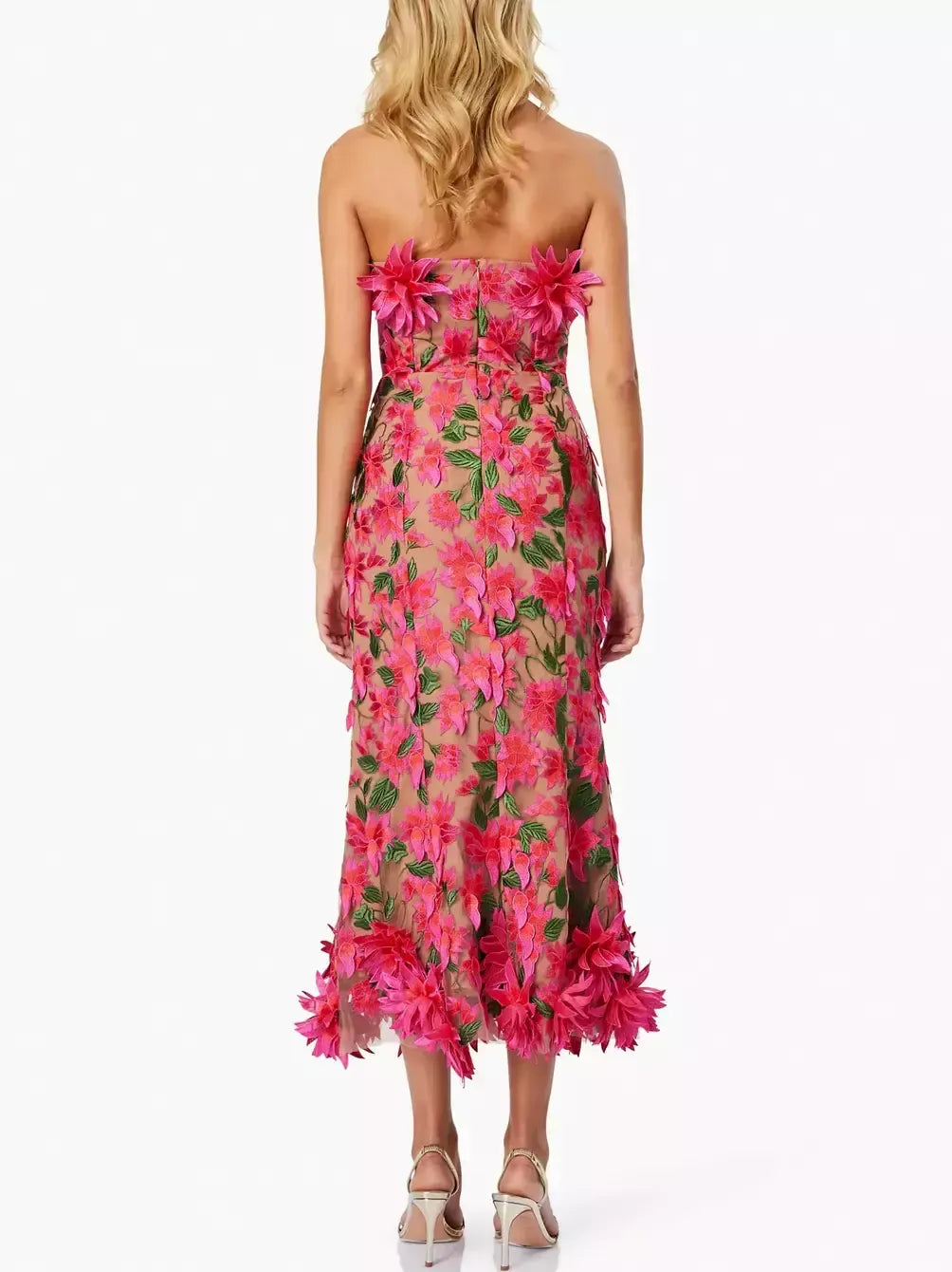 3D Floral Embroidered Strapless Midi Dress - Dresses