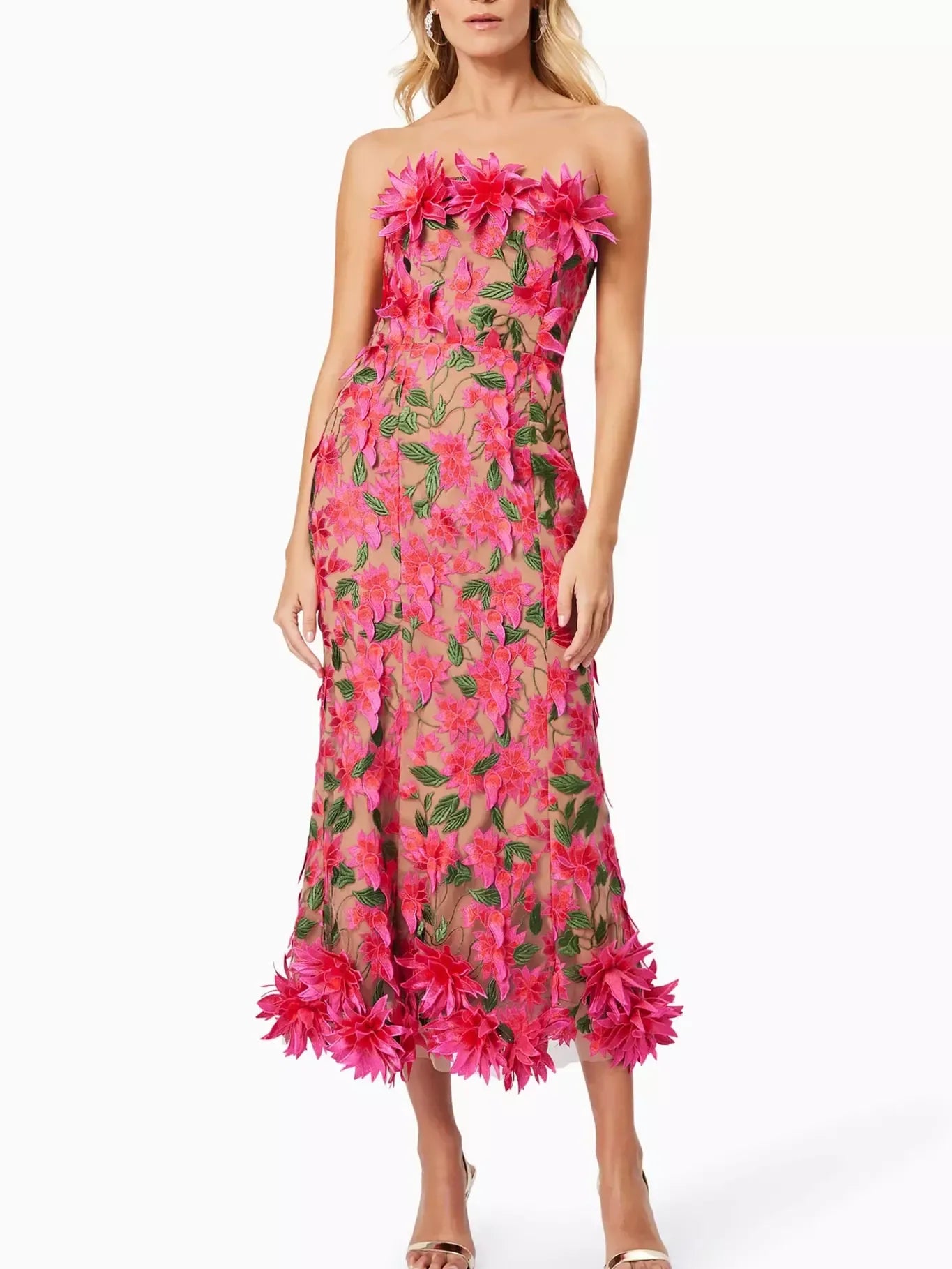3D Floral Embroidered Strapless Midi Dress - Dresses