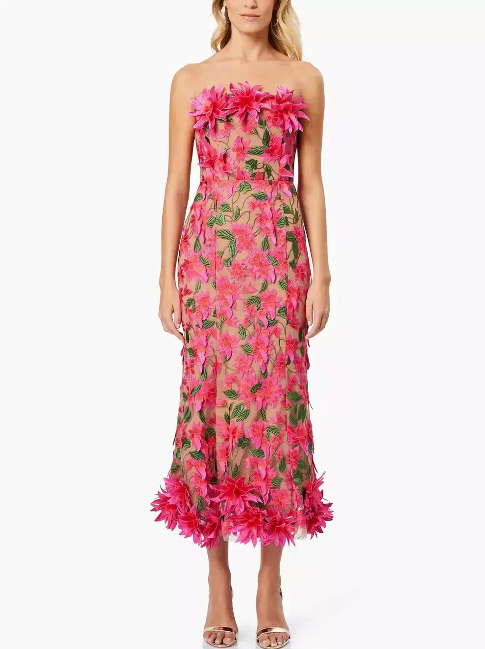 3D Floral Embroidered Strapless Midi Dress - Dresses