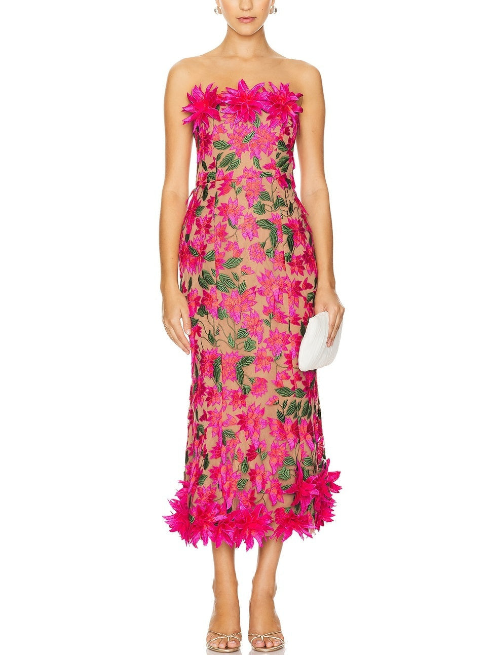 3D Floral Embroidered Strapless Midi Dress - Dresses