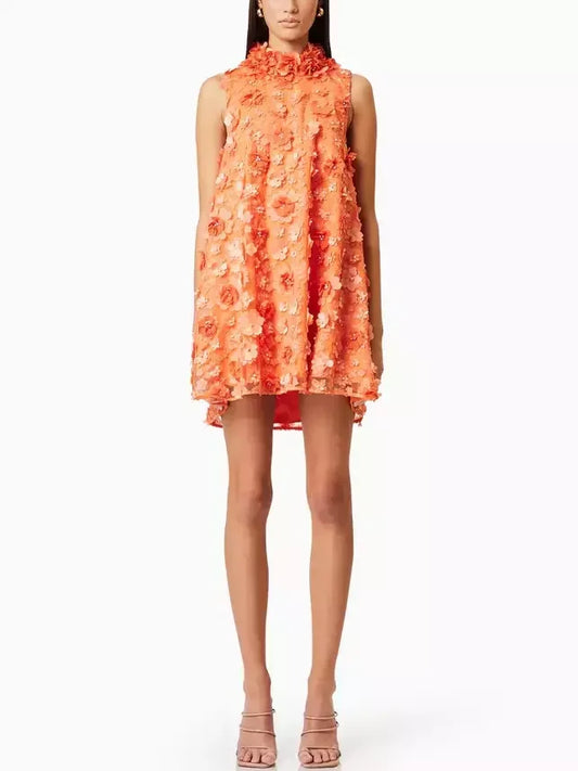 3D Floral High Neck Orange Trapeze Mini Dress - Dresses