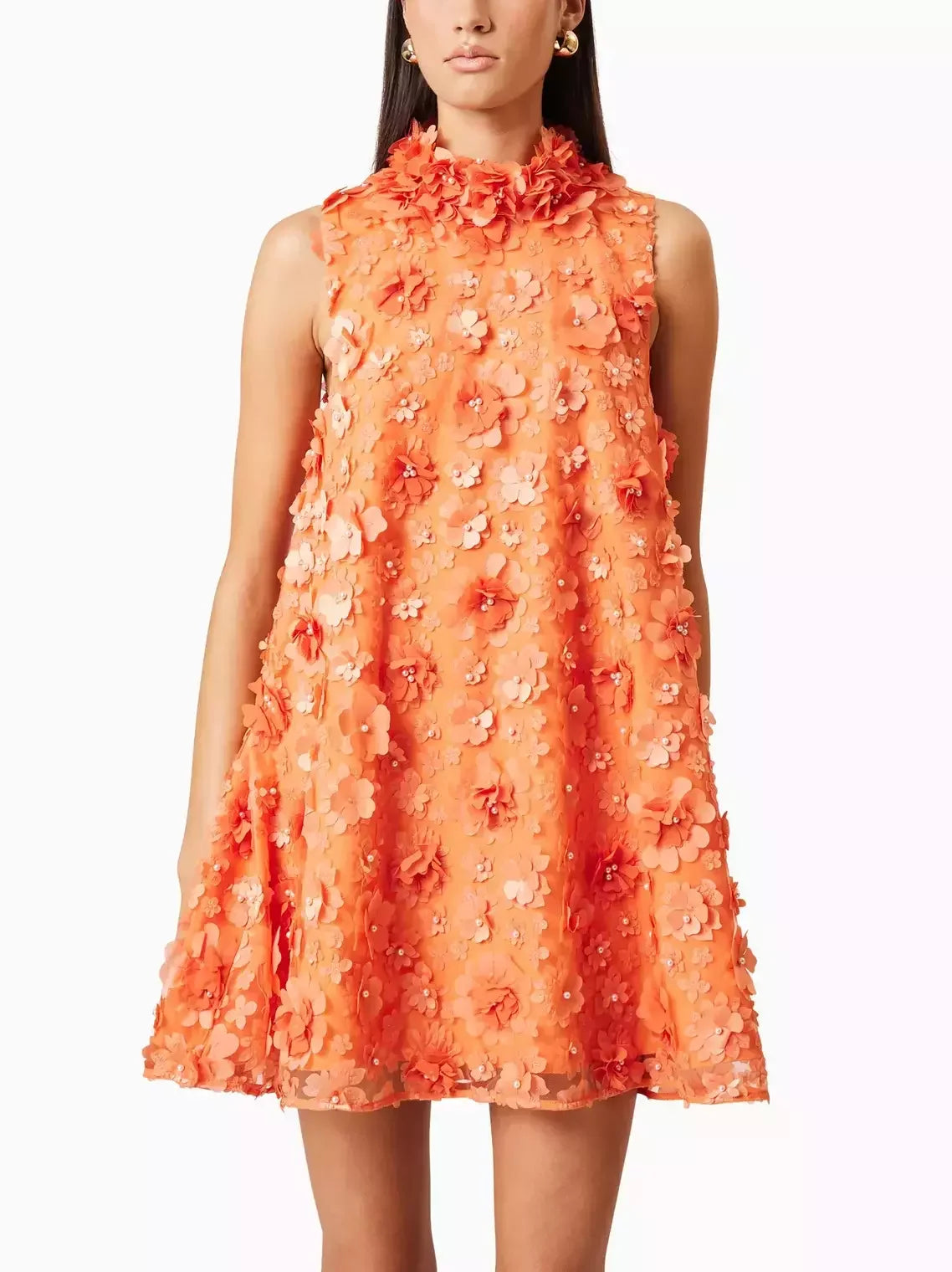 3D Floral High Neck Orange Trapeze Mini Dress - Dresses