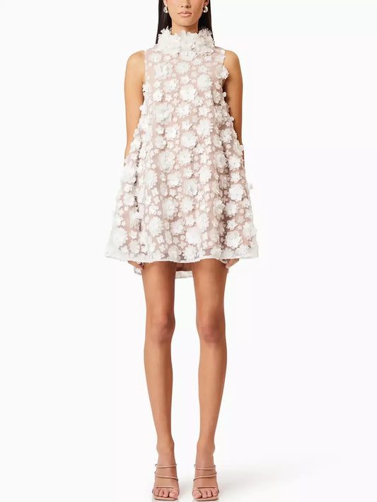 3D Floral High Neck Trapeze Mini Dress - Dresses