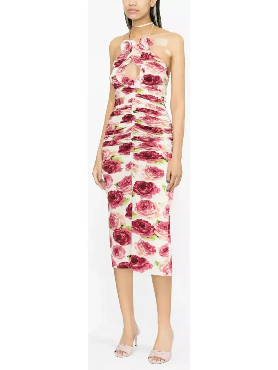 3d Floral-Print Ruched Halter Dress - Dresses