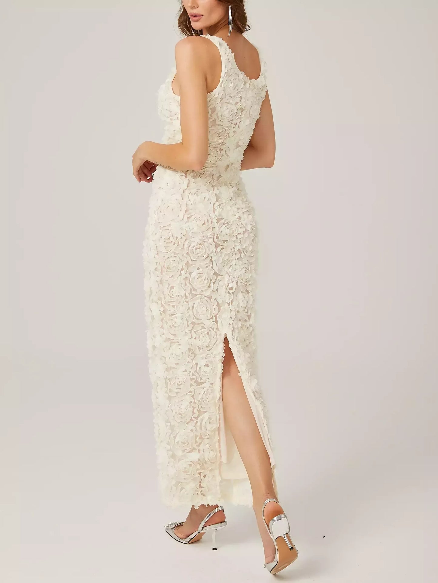 3D Floral Sleeveless V-Neck Dress in Cream - Dresses
