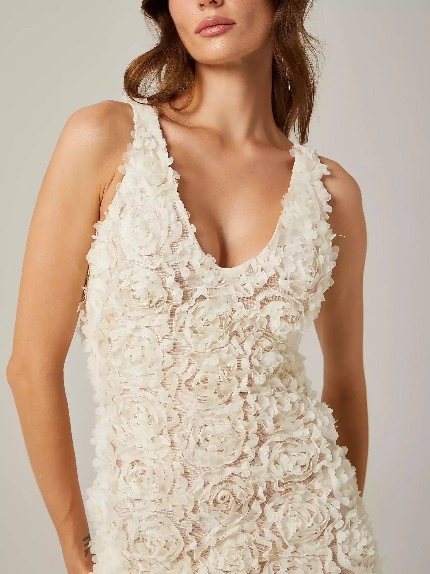 3D Floral Sleeveless V-Neck Dress in Cream - Dresses
