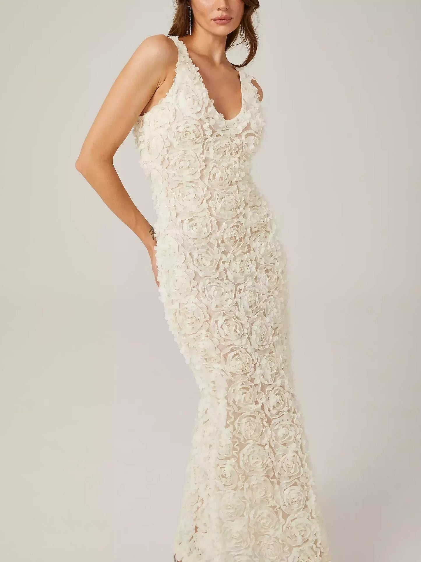 3D Floral Sleeveless V-Neck Dress in Cream - Dresses