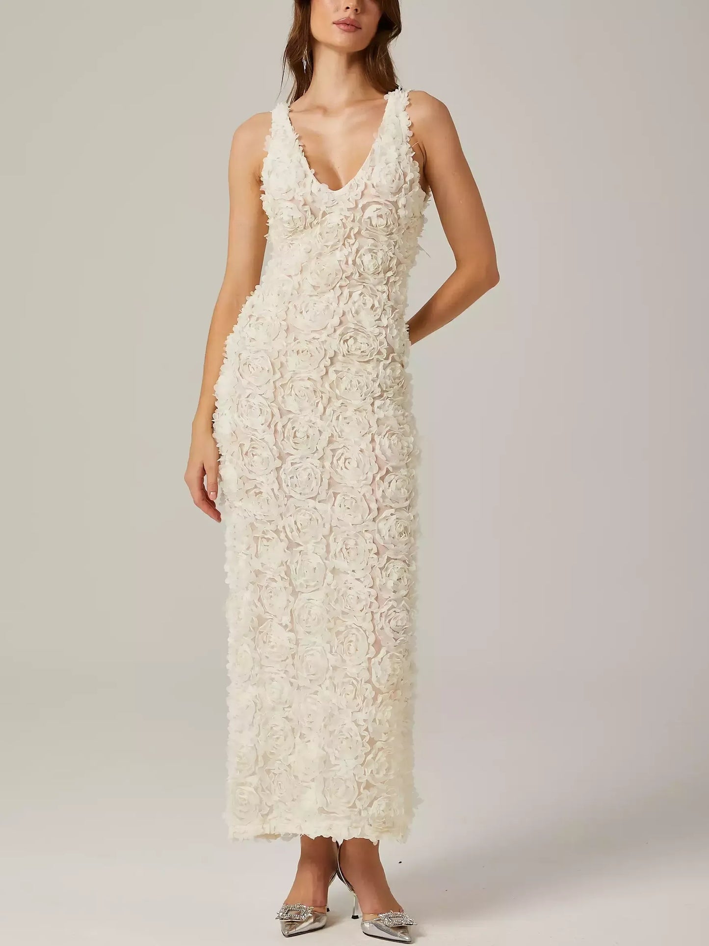 3D Floral Sleeveless V-Neck Dress in Cream - Dresses