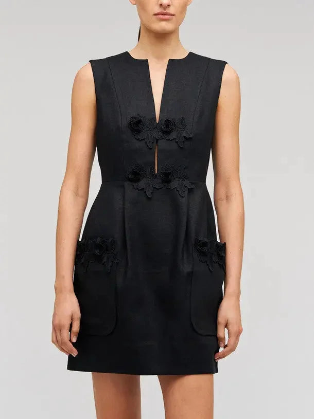 3D Flower Applique Linen Mini Dress in Black - Dresses