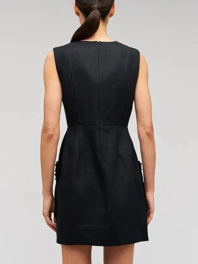 3D Flower Applique Linen Mini Dress in Black - Dresses