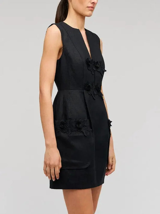 3D Flower Applique Linen Mini Dress in Black - Dresses