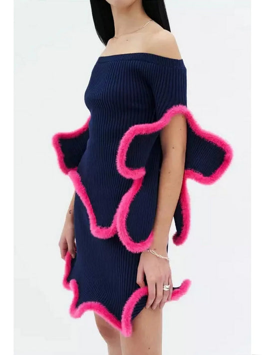 3D Fur-Trim Wavy Ribbed Knit Top and Skirt Set - Suits & Sets